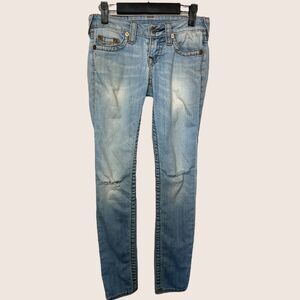 🧲 TRUE RELIGION LIGHT WASH DISTRESSED SKINNY RUST BROWN BIG T LOW RISE JEANS 24
